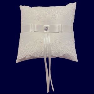 Lace Organza Square Crystal & Pearl Long Fringe Ribbon Wedding Ring Pillow White